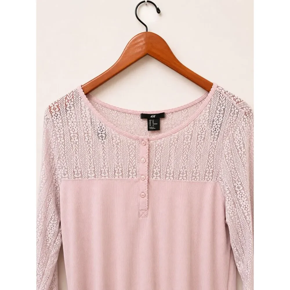 H&M Women Size M Soft Blush Pink Lace Yoke Henley Top Romantic Coquette Pullover